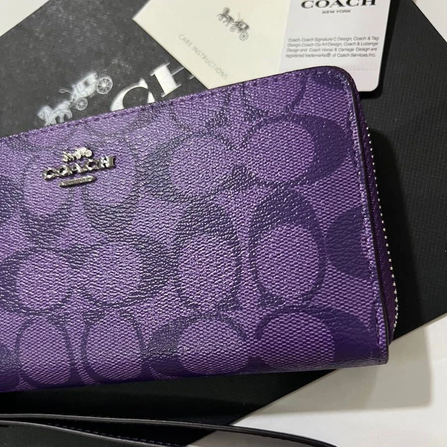 Coach C4452 Long Zip Wallet with Strap Purple Signature New