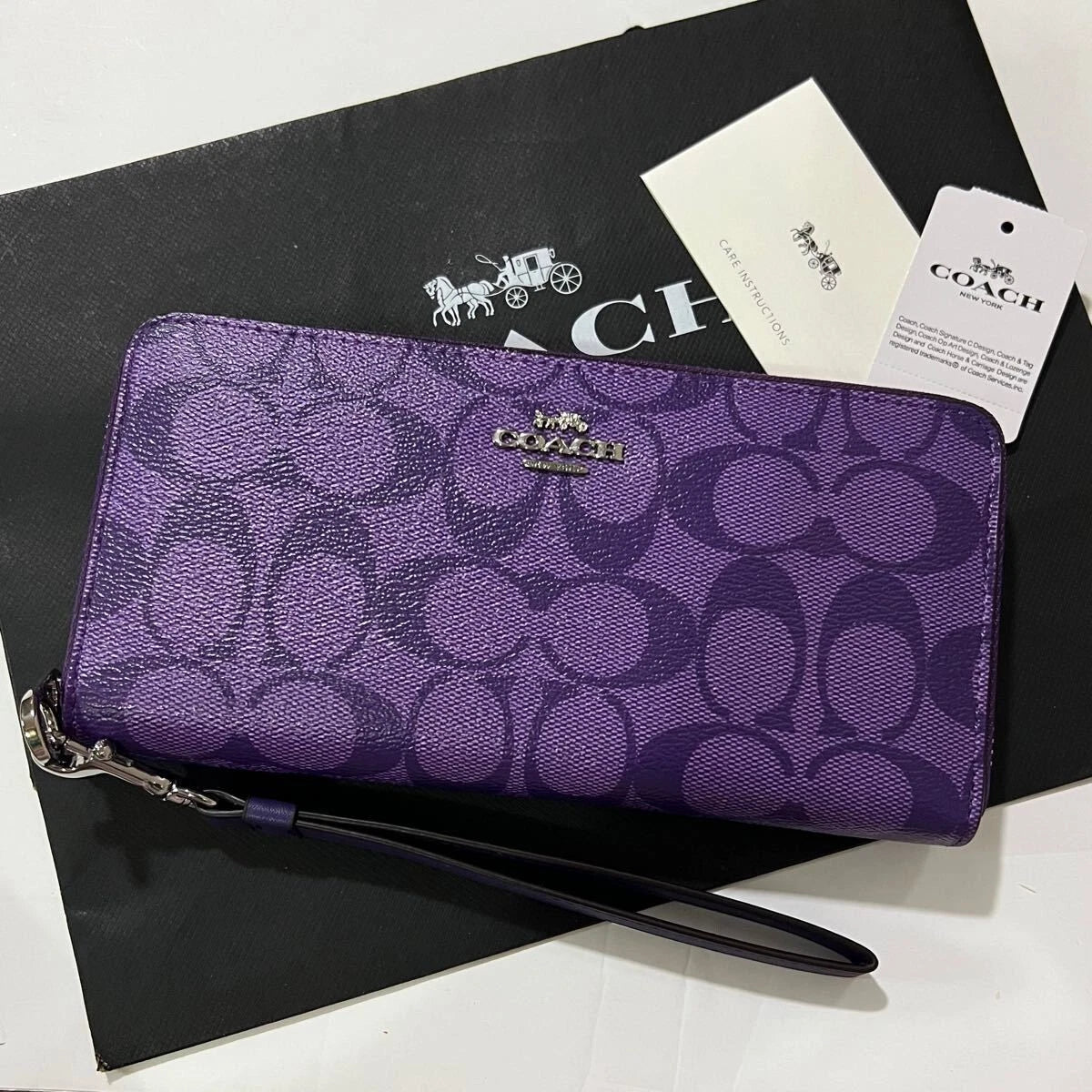 Coach C4452 Long Zip Wallet with Strap Purple Signature New